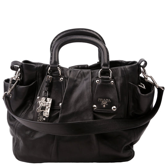 Prada Pleated Soft Calfskin Satchel Black Bag
