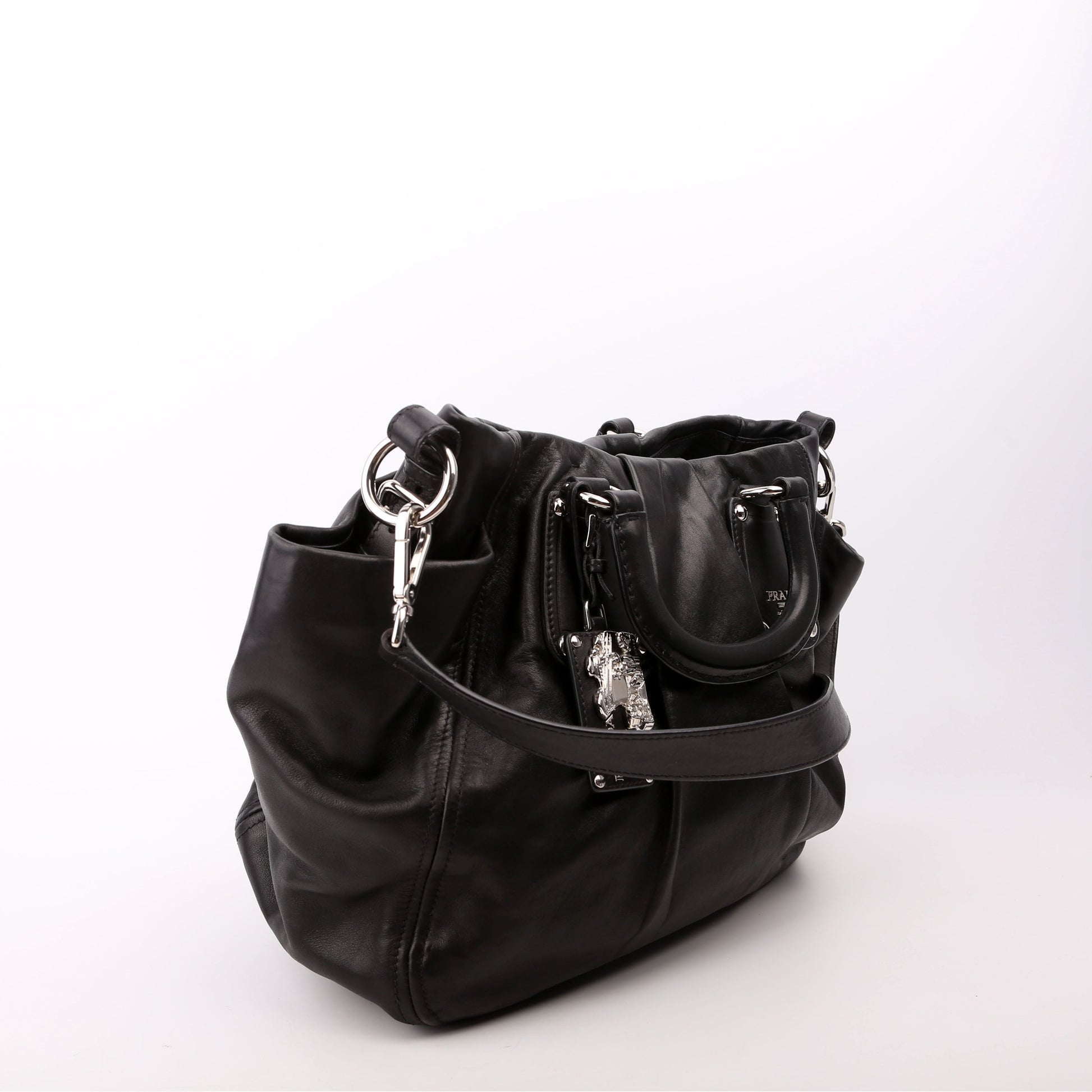 Prada Pleated Soft Calfskin Satchel Black Bag