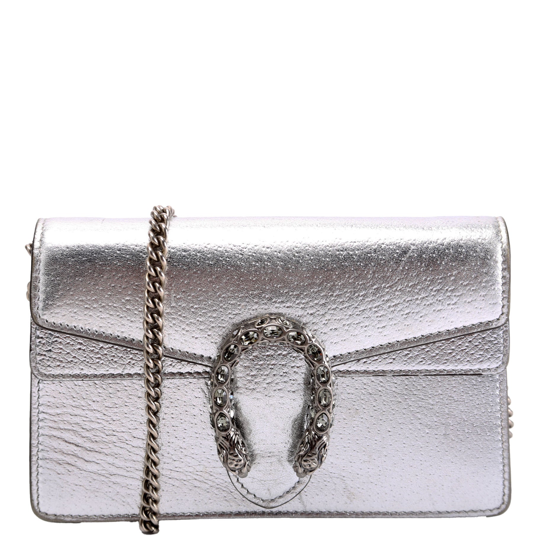 Gucci 476432 Dionysus Metallic Leather Super Mini Silver Bag