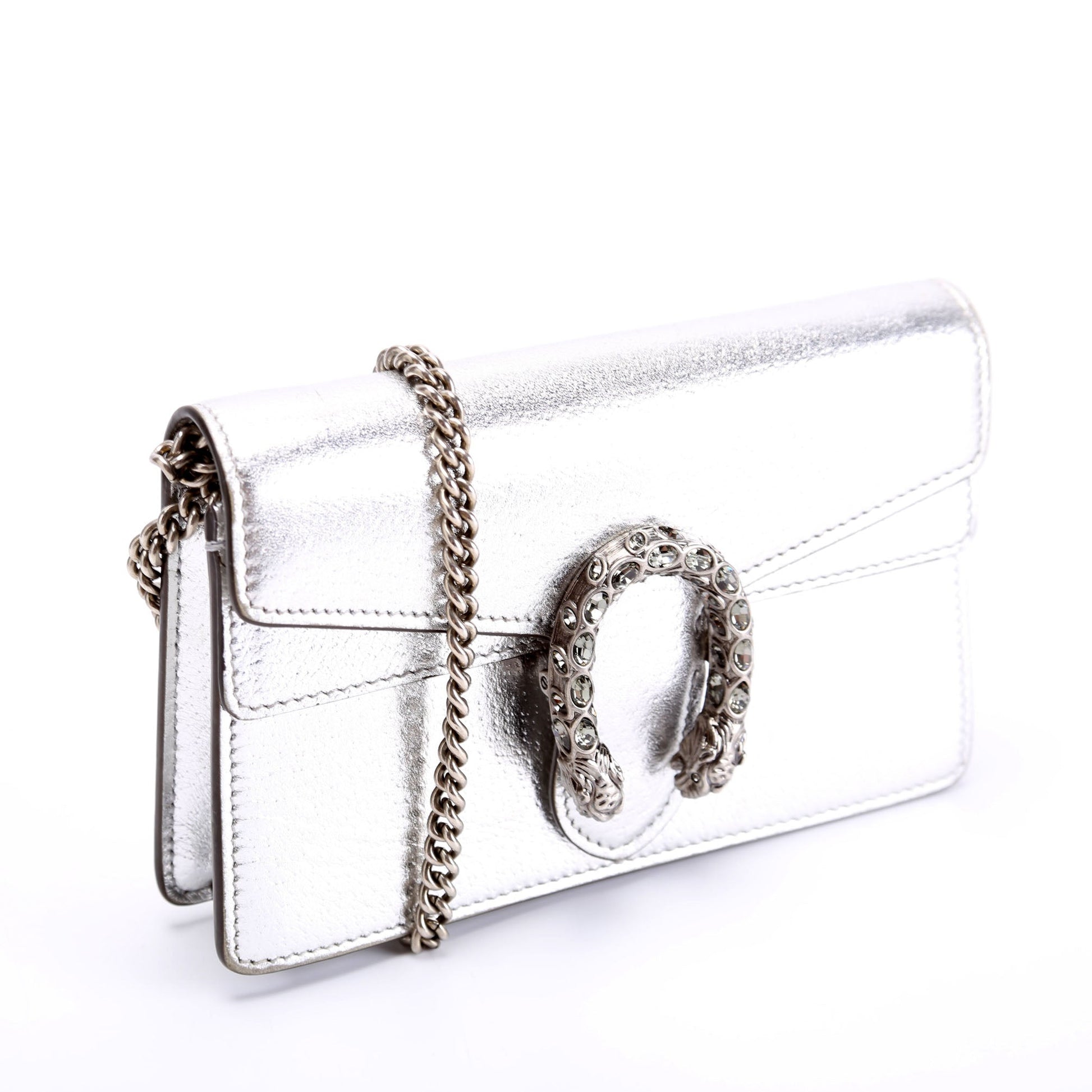 Gucci 476432 Dionysus Metallic Leather Super Mini Silver Bag