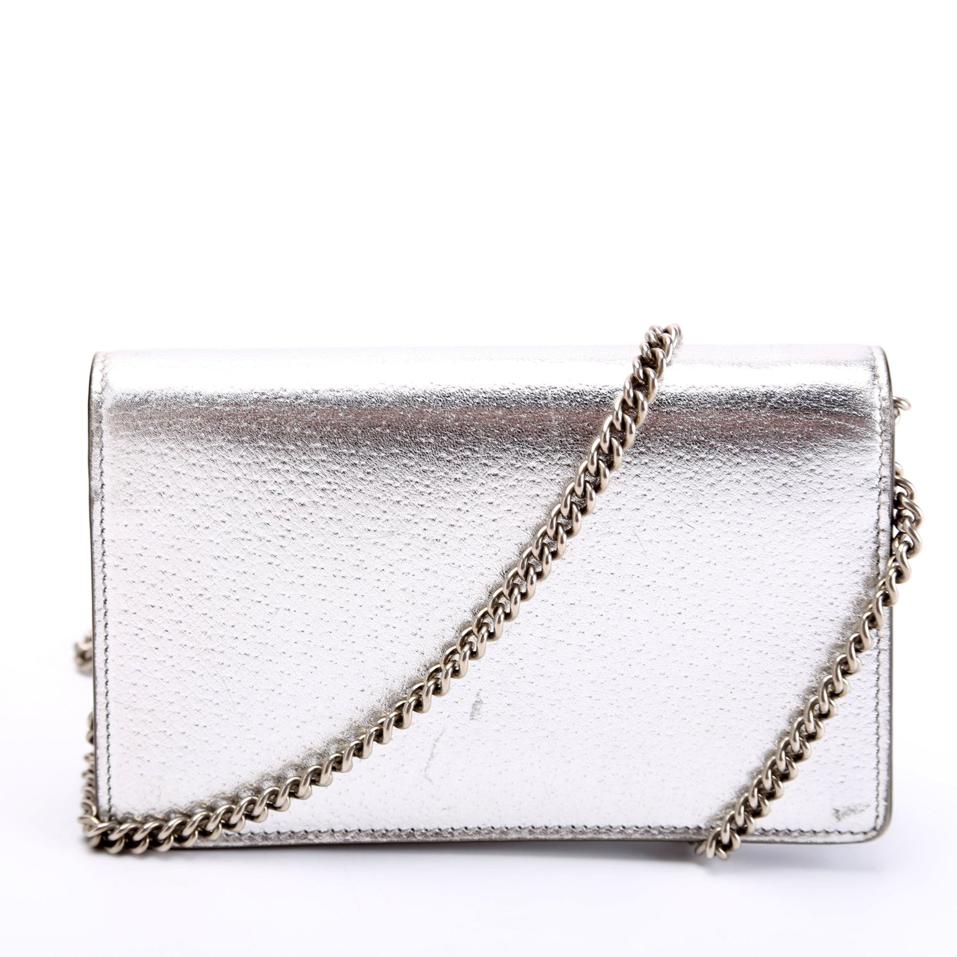 Gucci 476432 Dionysus Metallic Leather Super Mini Silver Bag