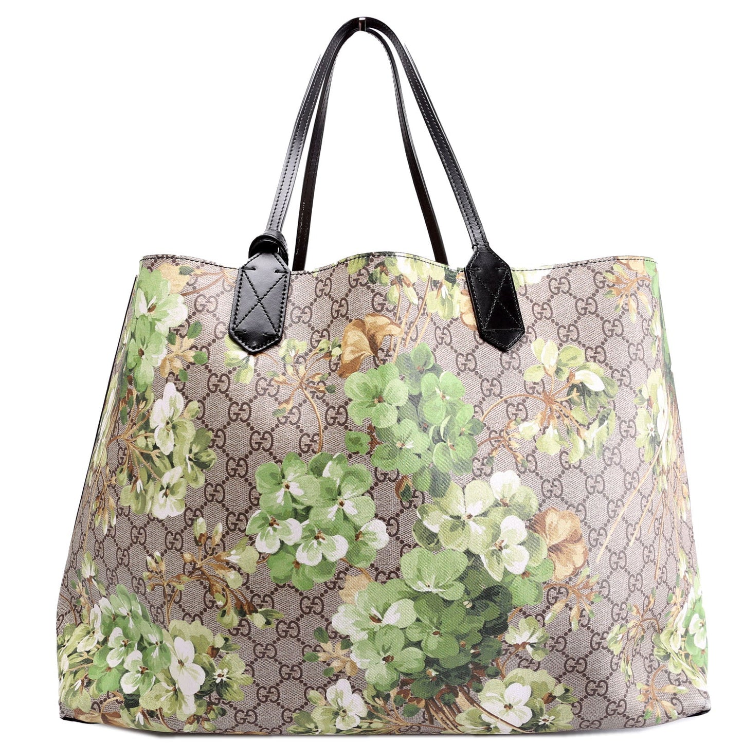 Gucci 368568 GG Blooms Reverse Medium Tote Beige/Green/Black Bag