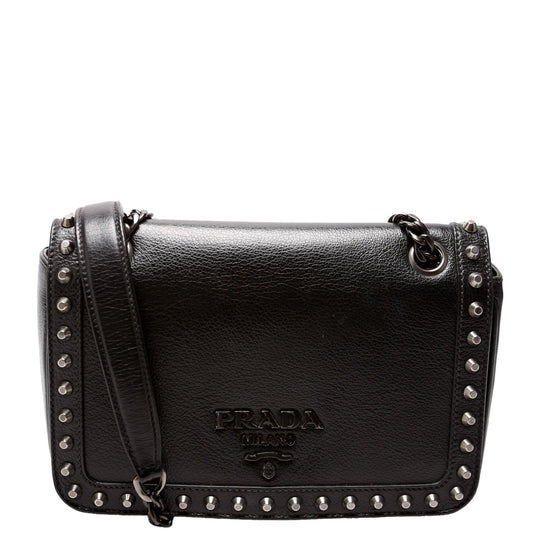 Prada 1BD147 Glace Calfskin Studded Crossbody Black Bag