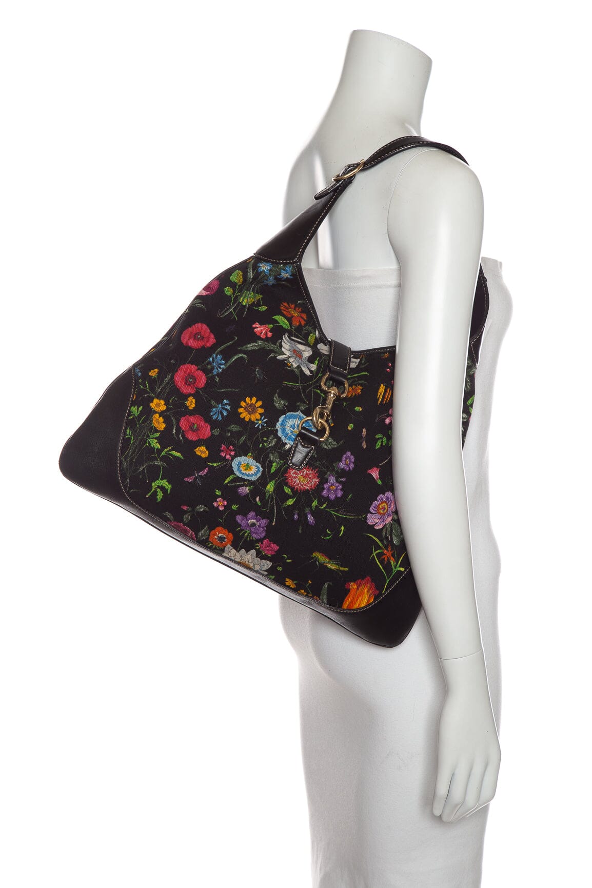 Gucci Black Multi Flora Jackie Bouvier Canvas Hobo Bag