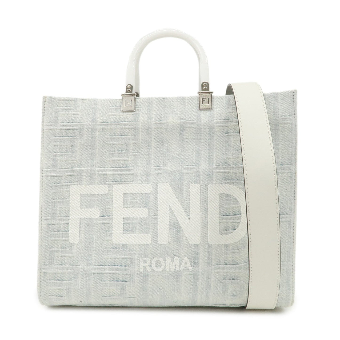 FENDI Leather Sunshine Medium 2Way Tote Bag Hand Bag White 8BH386