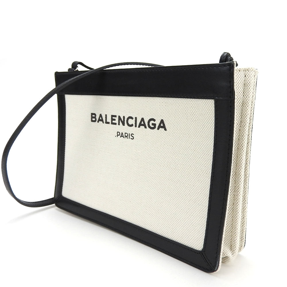 BALENCIAGA Shoulder Bag 390641 Canvas, Leather Ivory Navy Pochette Women