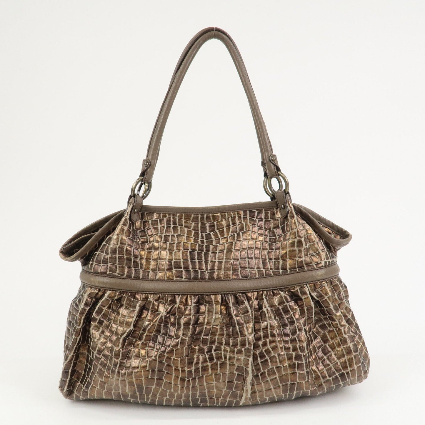 FENDI Embossed Leather Gathered Shoulder Bag Tote Bag Brown 8BH186