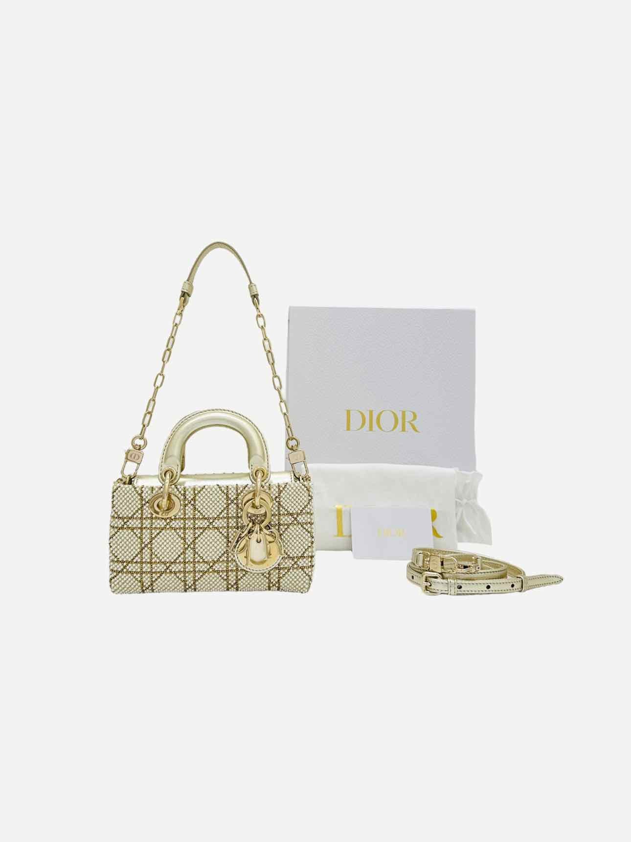 CHRISTIAN DIOR Lady D-Joy Size Micro Peral Embroidered Gold Leather Shoulder Bag
