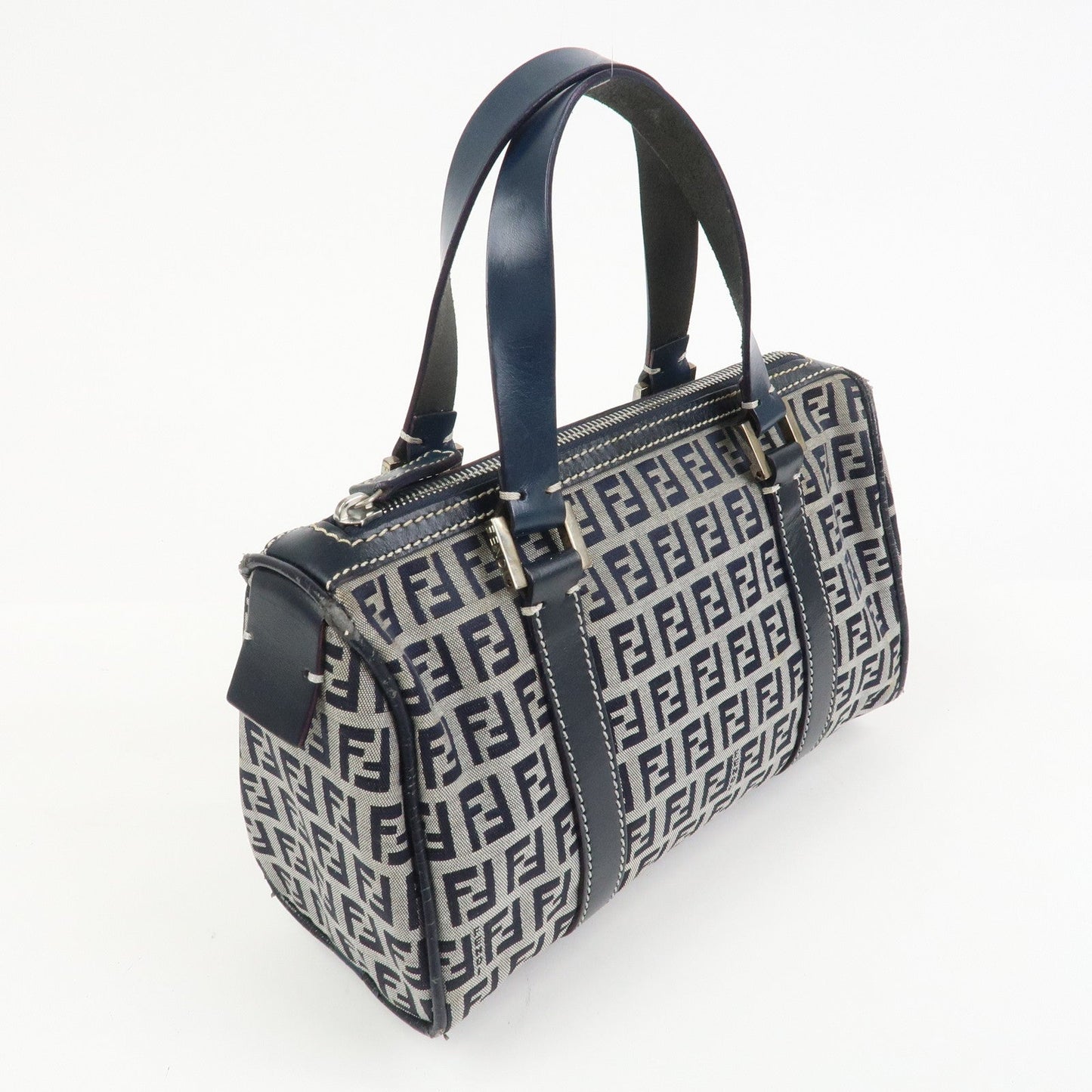 FENDI Zucchino Canvas Leather Hand Bag Mini Boston Bag Navy 16327