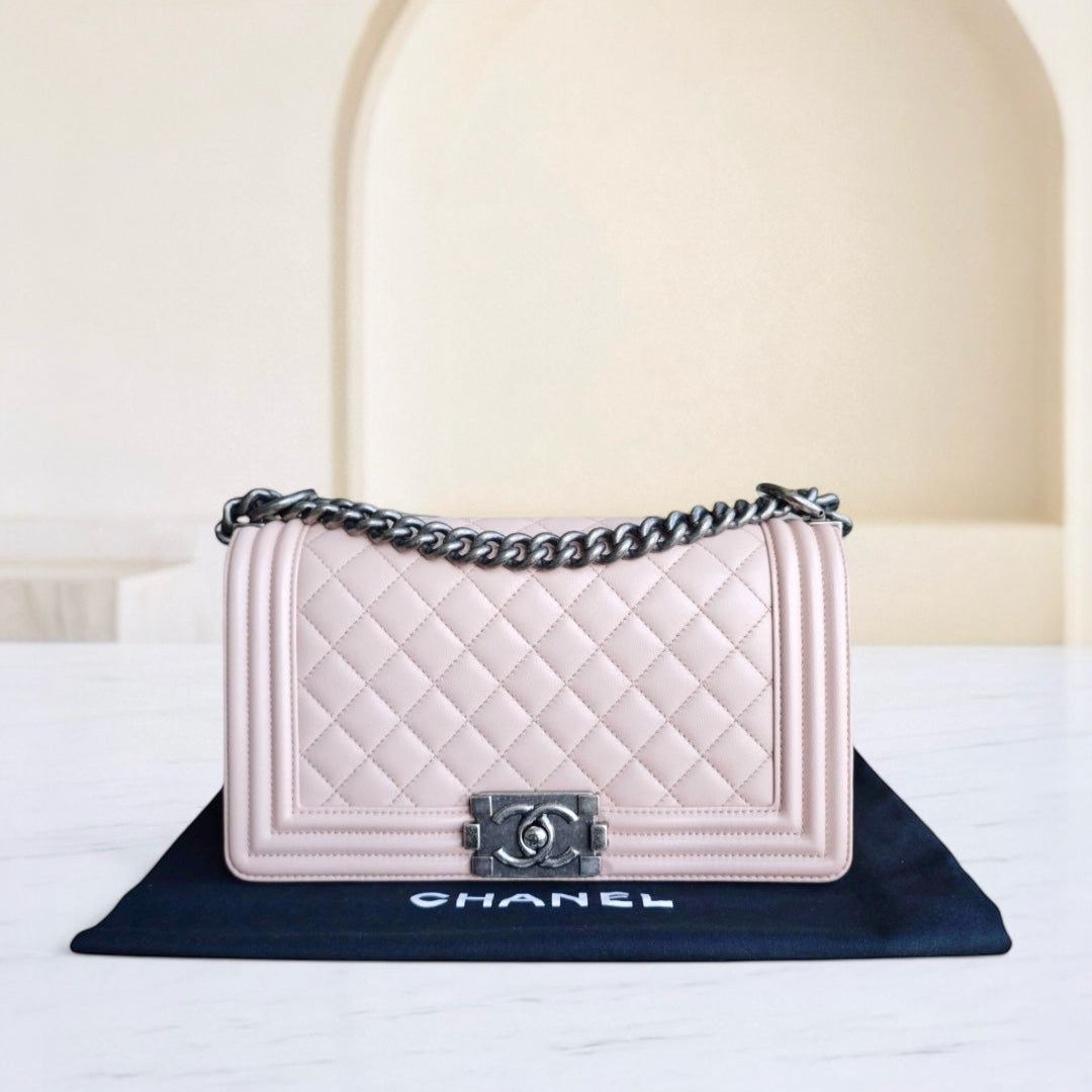 Chanel Boy Medium - Quilted Lambskin Light Sakura Pink Ruthenium Silver Hardware Series 23