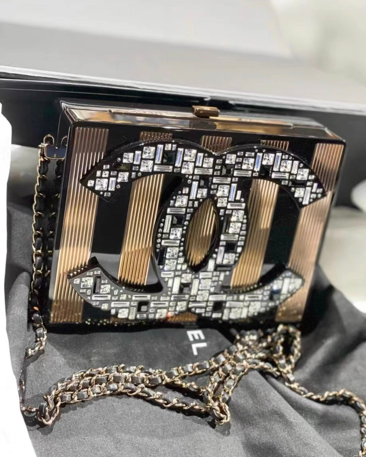Chanel 2015 CC Logo Plexiglass Copper Black Crystal MinaudiÃ¨re Chain Clutch Bag