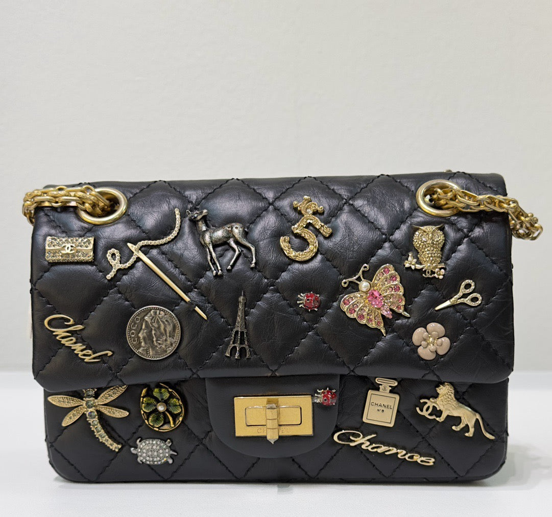 Chanel Black Quilted Aged Leather Lucky Charms Reissue 2 55 Classic 224 Flap Bag