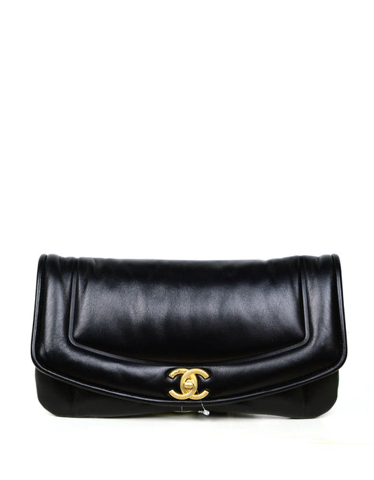 Chanel 2019 NWT Black Shiny Lambskin Puffy Clutch Bag