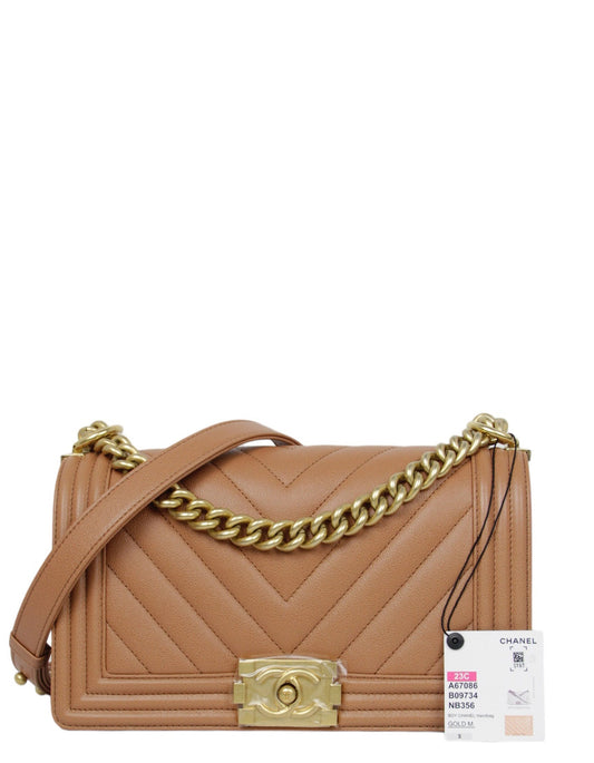 Chanel 2023 NWT Tan Caviar Leather Chevron Quilted Medium Boy Bag