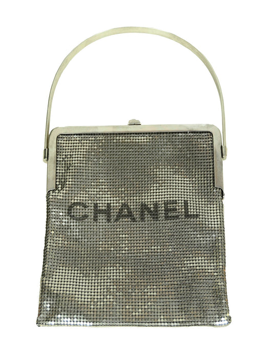 Chanel 1990s Rare Silvertone Mesh Chain Logo Handbag