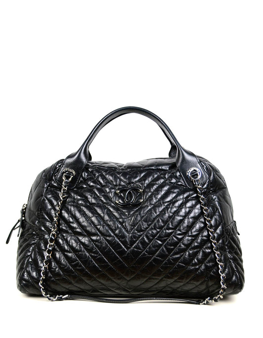 Chanel Black Aged Calfskin Leather Chevron Large Soft Bowling Bag