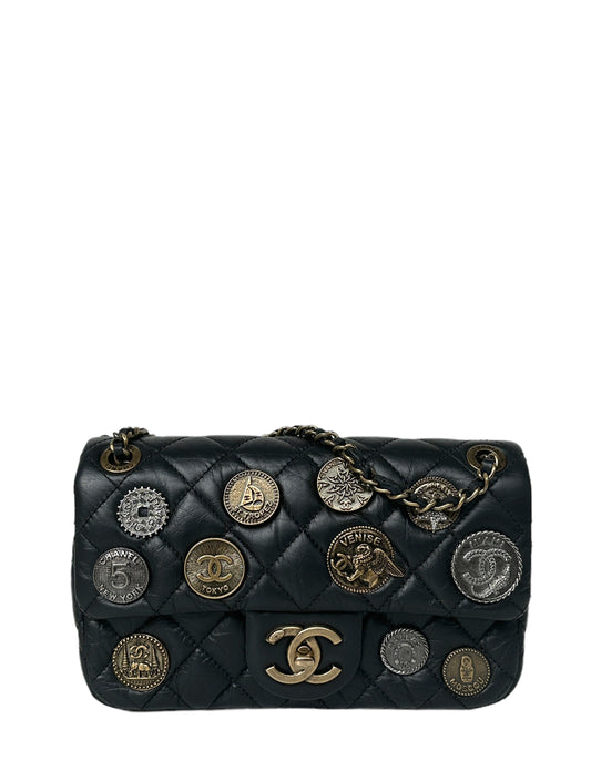 Chanel Black Calfskin Leather Quilted World Coin Charm Flap Bag