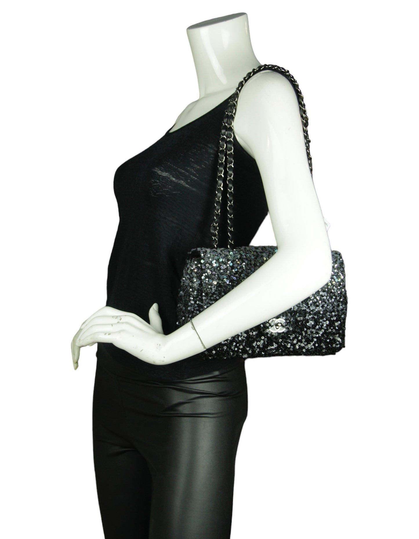 Chanel Black Silver Ombre Sequin Medium Classic Flap Bag
