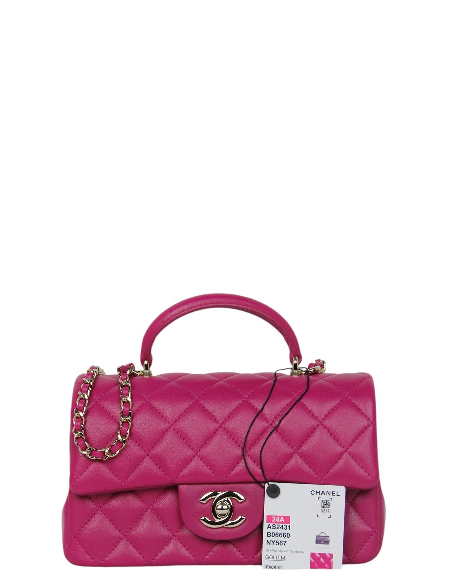 Chanel NWT '24 Fuchsia Lambskin Quilted Mini Top Handle Rectangular Flap Handbag