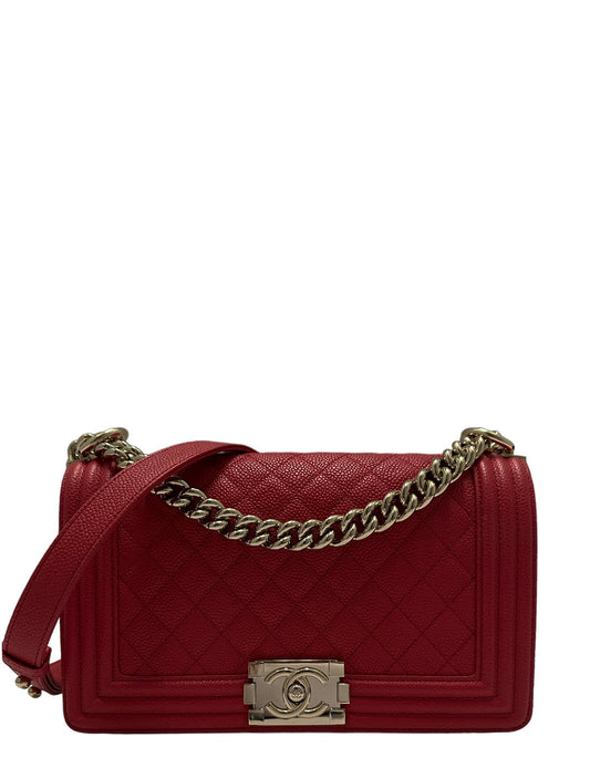 Chanel Red Caviar Leather Quilted Medium Boy Bag