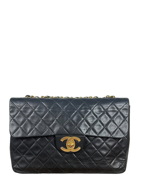 Chanel 1990s Black Lambskin Leather XL Jumbo Flap Bag