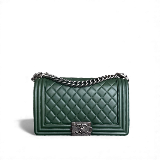 Chanel Boy Medium - Quilted Lambskin Dark Green Ruthenium Silver Hardware Series 20