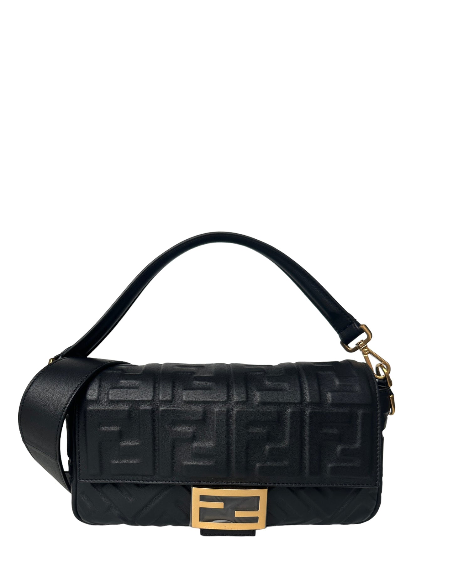 Fendi Black Embossed Logo 1974 Medium Baguette NM