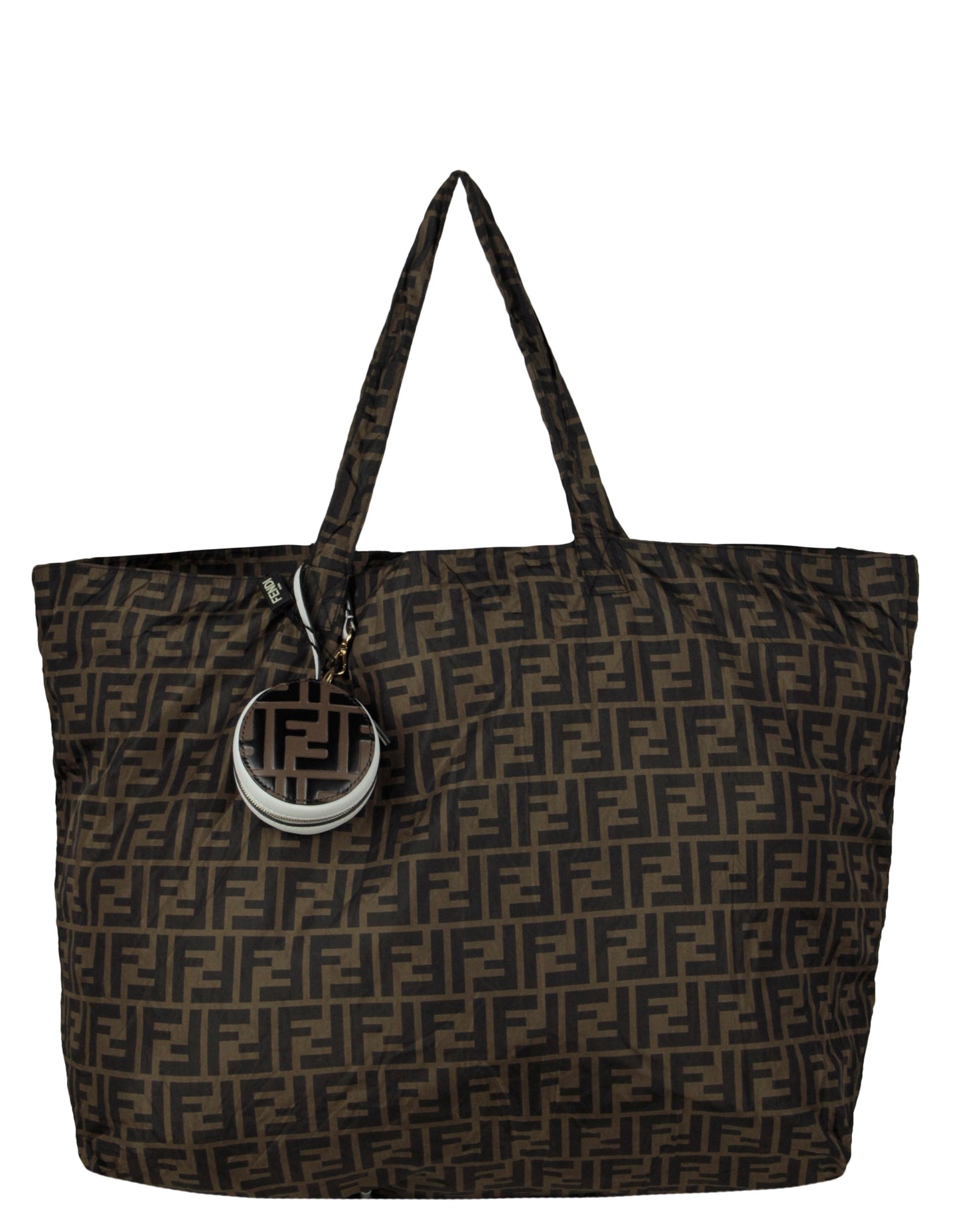 Fendi NWT Brown Monogram Nylon Foldaway Tote Bag w/ Tamburo Pocket Charm