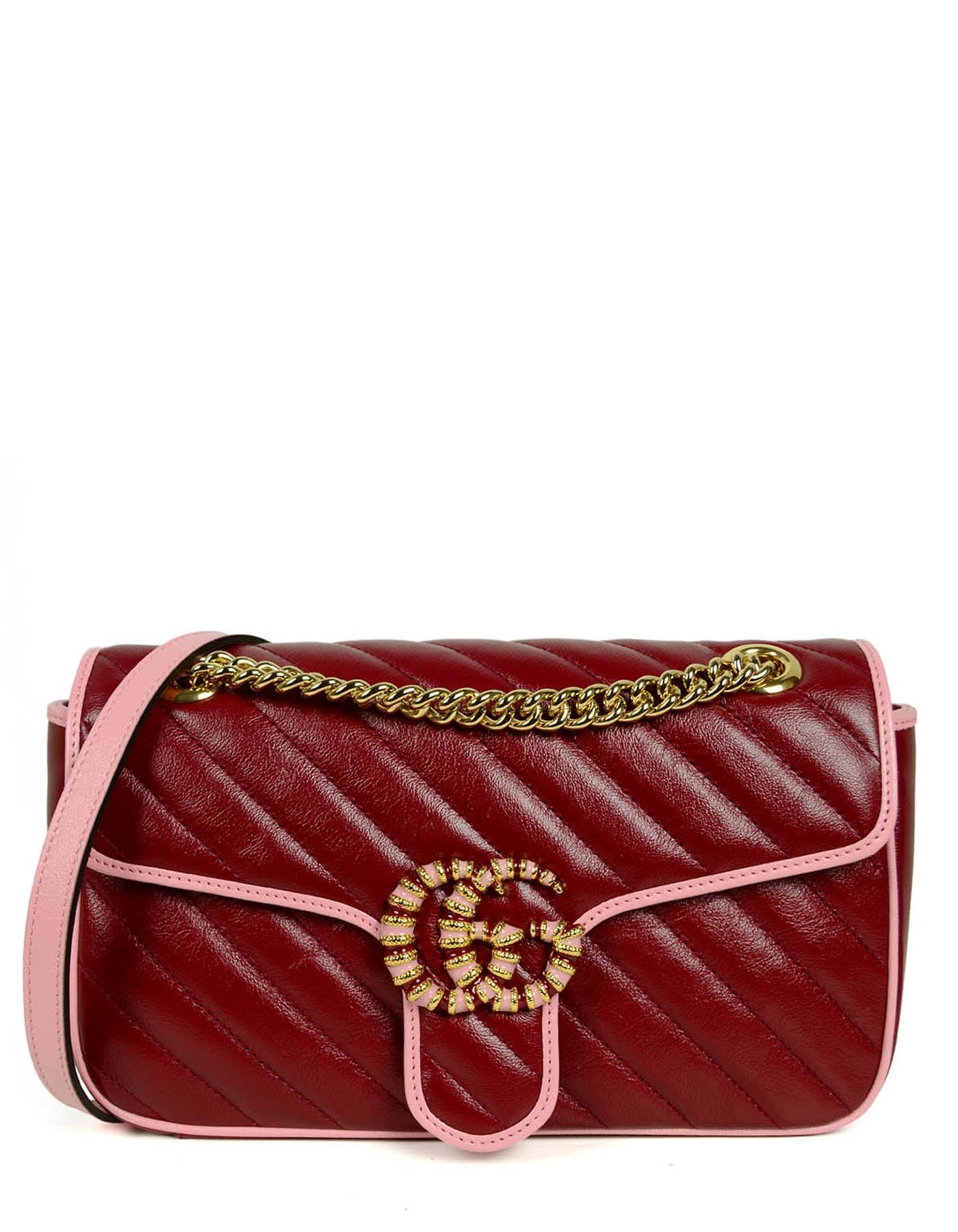 Gucci 2021 Red & Pink Leather GG Marmont Small Flap Shoulder Bag