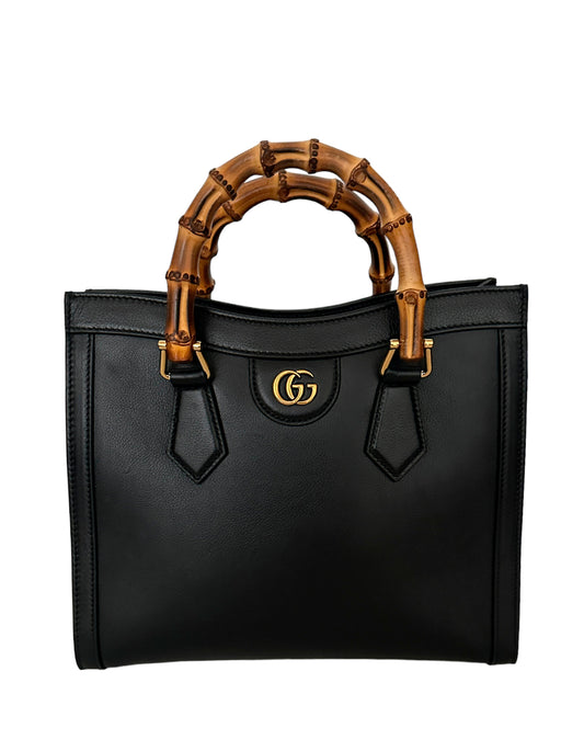 Gucci Black Small Calfskin Leather Diana Bamboo Bag w/ Strap