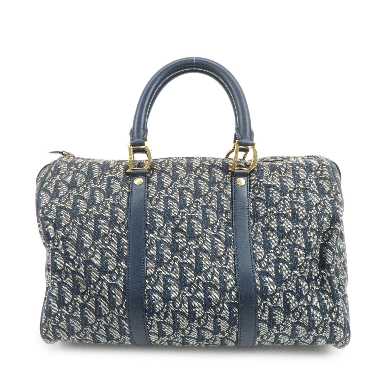 Christian Dior Trotter Jacquard Canvas Leather Boston Bag Navy
