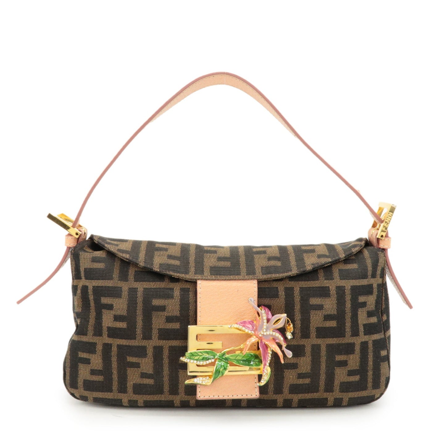 FENDI Zucca Canvas Leather Shoulder Bag Brown Pink Beige 26725