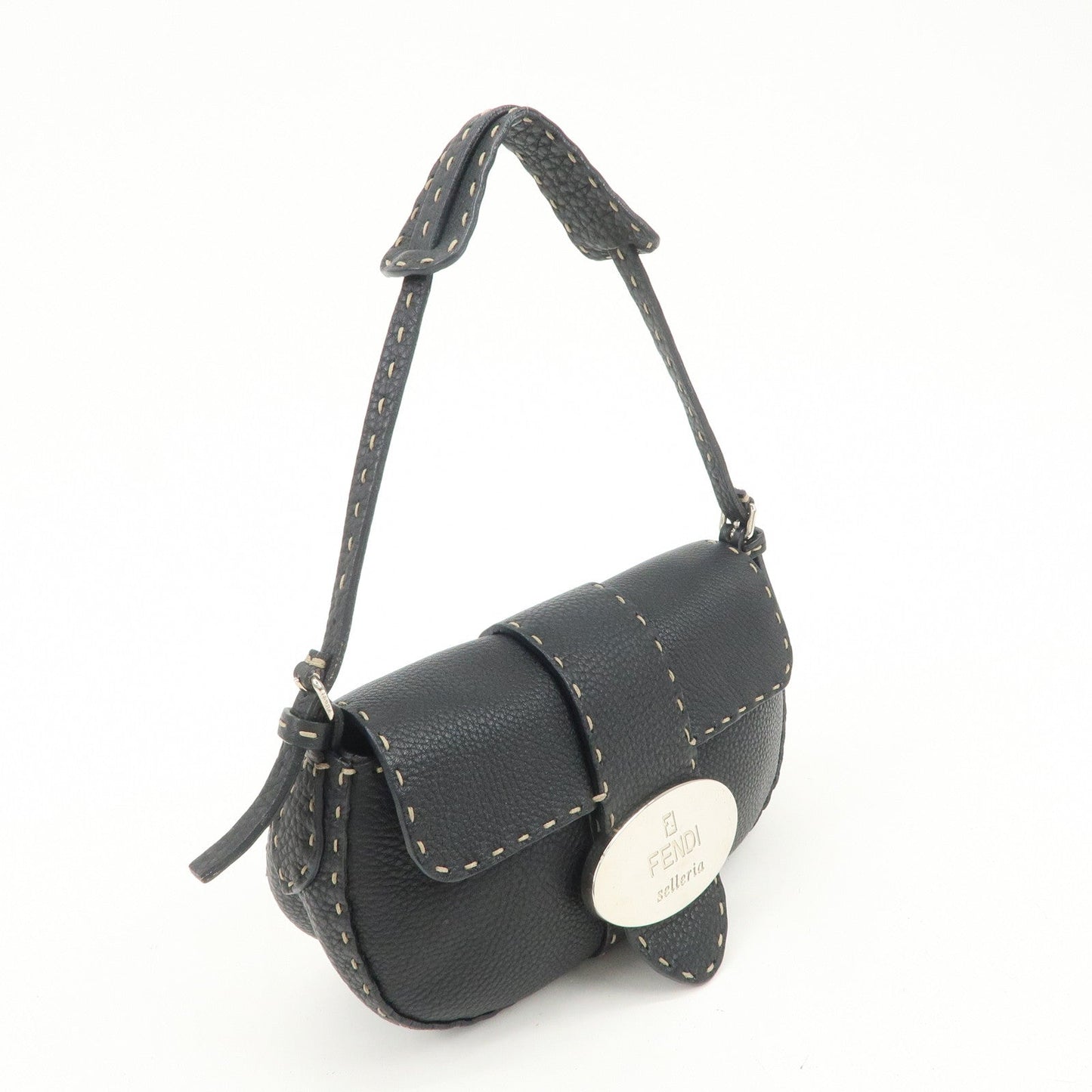 FENDI Seleria Leather Hand Bag Shoulder Bag Black 8BR430