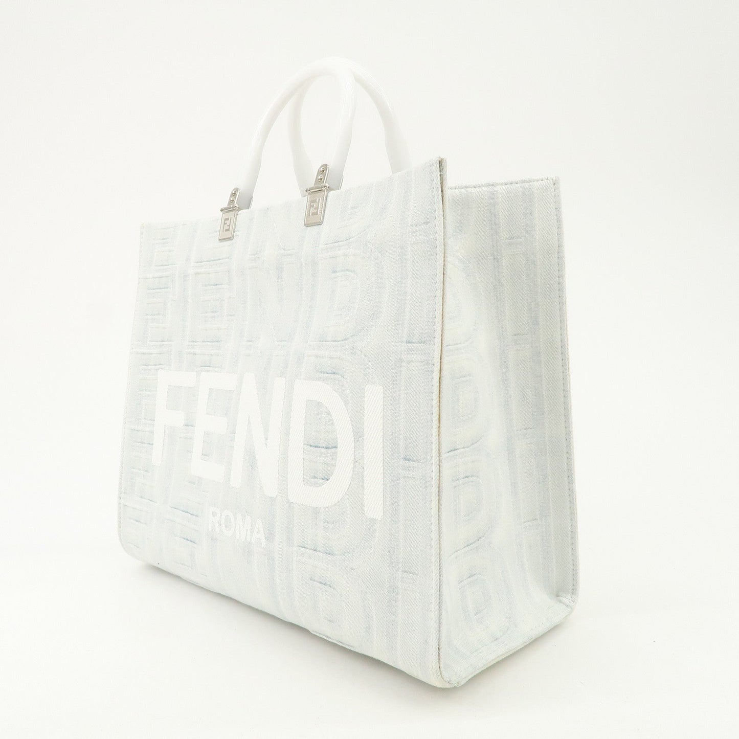 FENDI Leather Sunshine Medium 2Way Tote Bag Hand Bag White 8BH386
