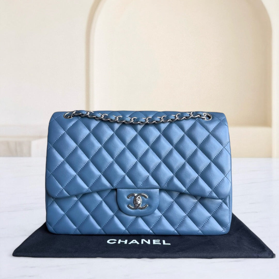 Chanel Classic Flap Jumbo - 30CM Lambskin Double Flap Blue Silver Hardware Series 17