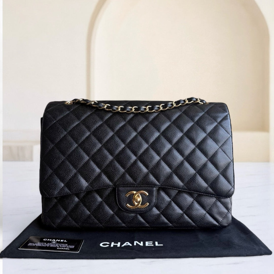 Chanel Classic Flap Maxi - Caviar Double Flap 33CM Quilted Grained Calfskin Black Gold Hardware Series 14