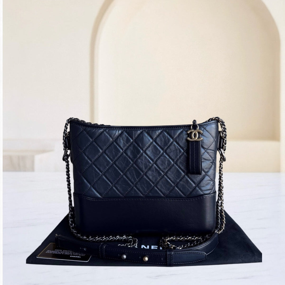 Chanel Gabrielle Medium - Quilted Aged Calfskin Dark Navy Blue Gold Hardware 26