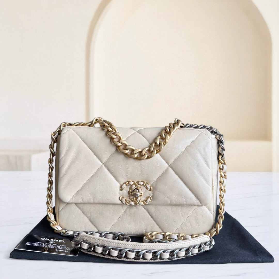 Chanel 19 Bag Small - Quilted Lambskin Light Beige Two-tone Gold Hardware Series 30