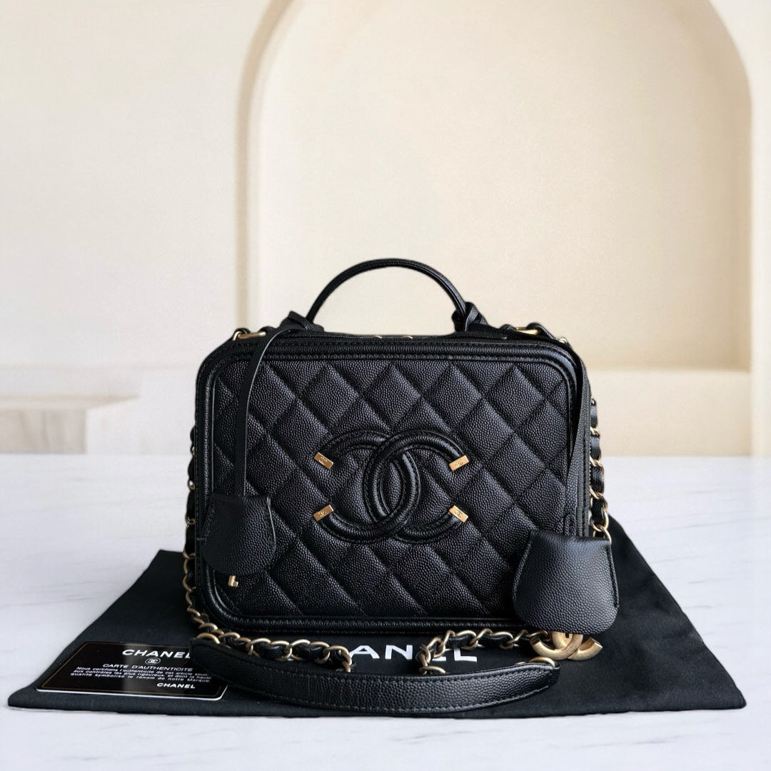 Chanel Filigree Vanity Case Medium - Caviar Quilted Grained Calfskin Black Gold Hardware Series 24