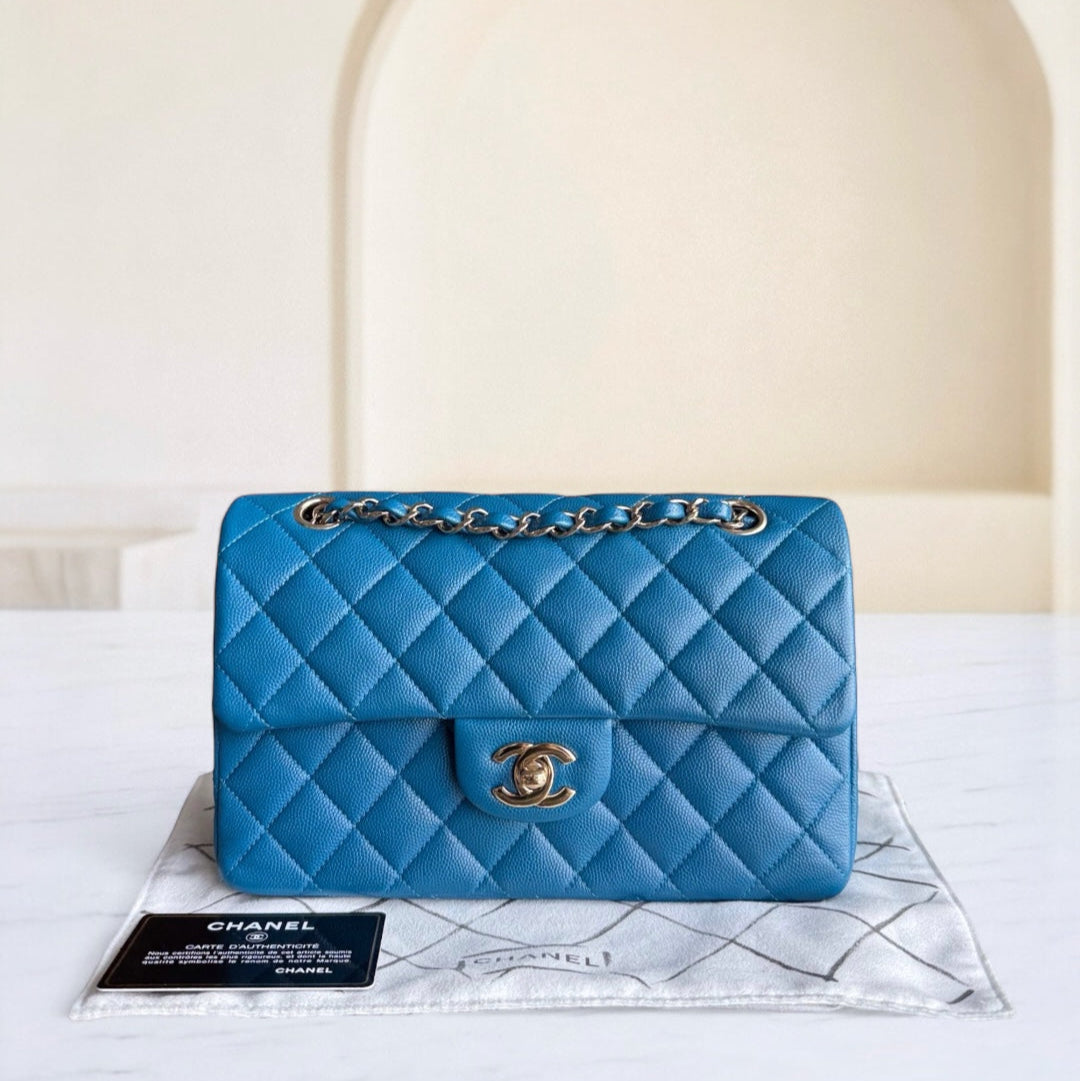 Chanel Classic Flap Small - Caviar Quilted Grained Calfskin Blue Gold Hardware Series 30