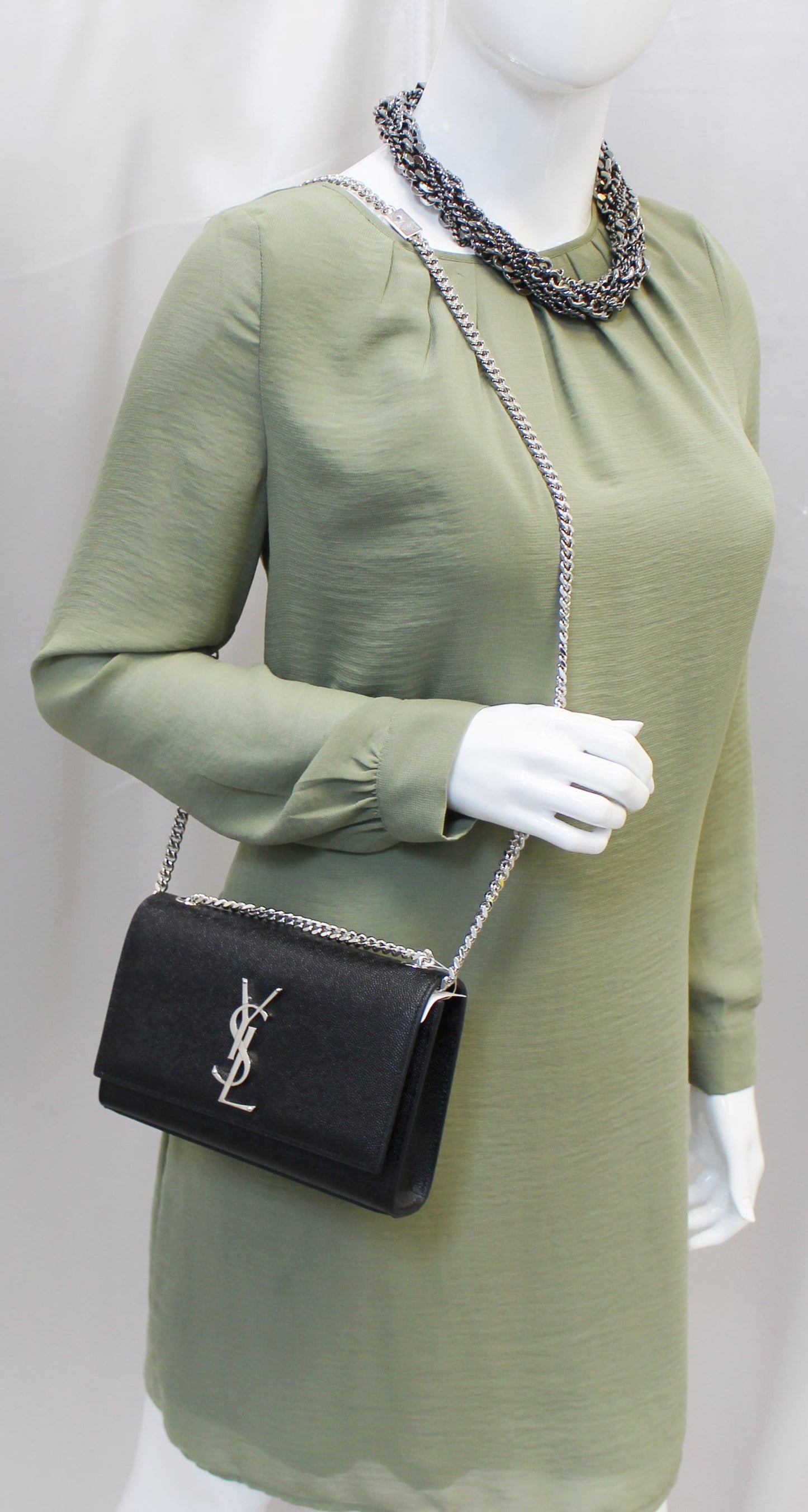 SAINT LAURENT Kate Black Leather Silver Chain Clutch Crossbody Bag