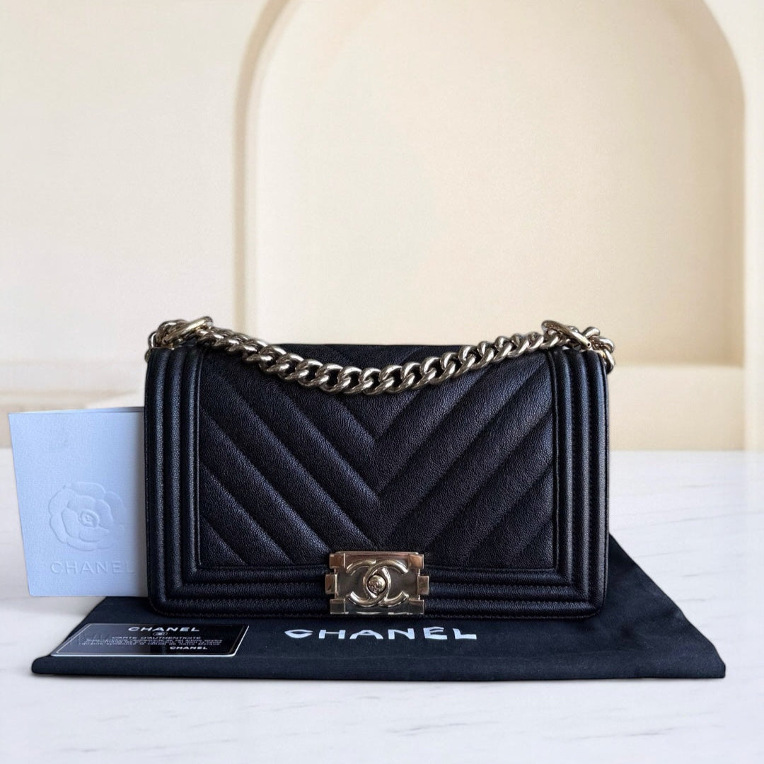 Chanel Boy Medium - Caviar 25CM Chevron Grained Calfskin Black Gold Hardware Series 28
