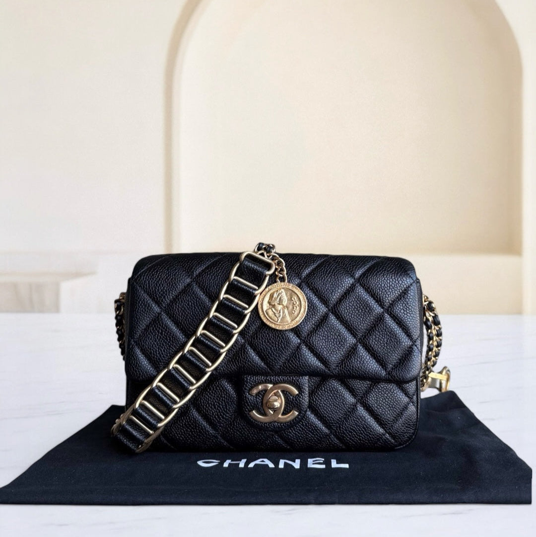 Chanel Seasonal Flap Bag - Caviar Quilted Medallion Soul Black Caviar Gold Hardware Microchip