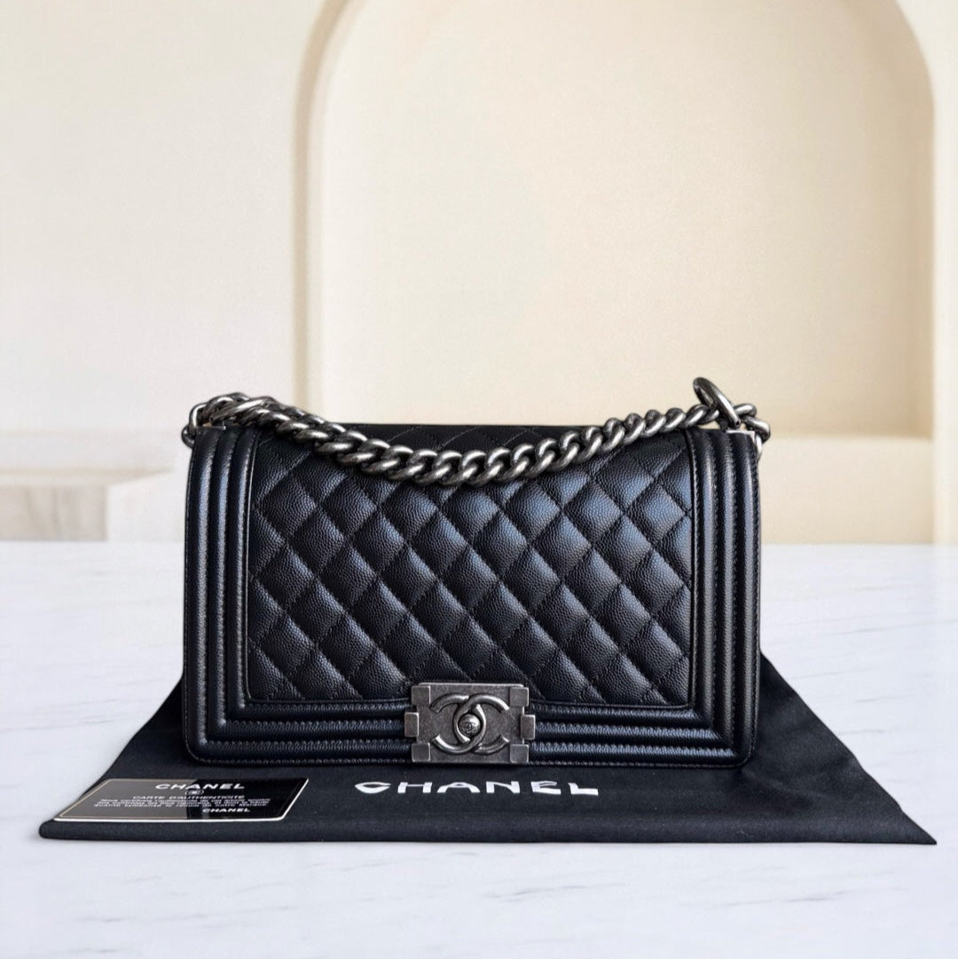Chanel Boy Medium - Caviar 25CM Quilted Grained Calfskin Black Ruthenium Silver Hardware