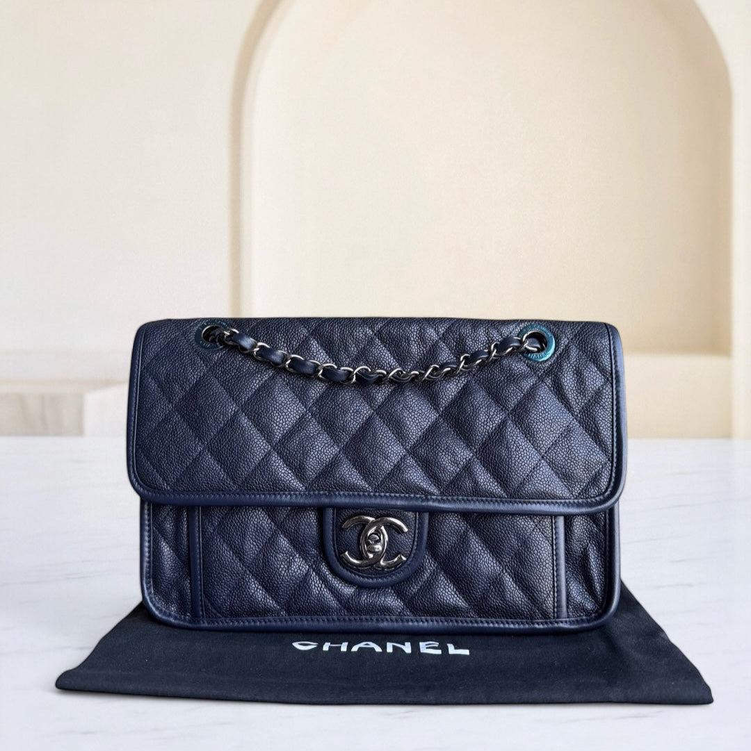 Chanel French Riviera - Caviar Quilted Grained Calfskin Dark Navy Blue Silver Hardware Series 19