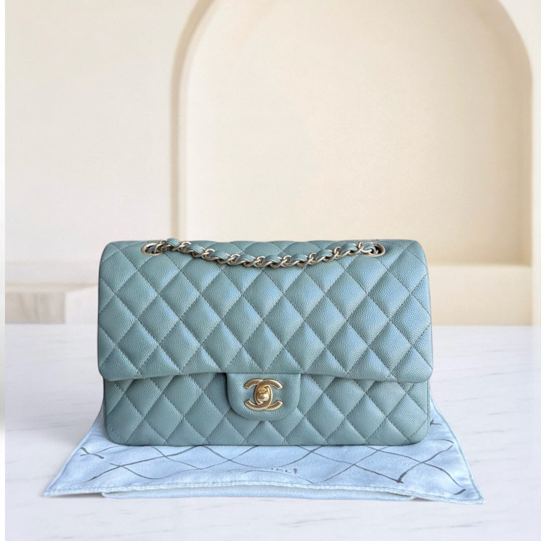 Chanel Classic Flap Medium - Caviar 25CM Quilted Grained Calfskin Light Blue Green Gold Hardware Series 25