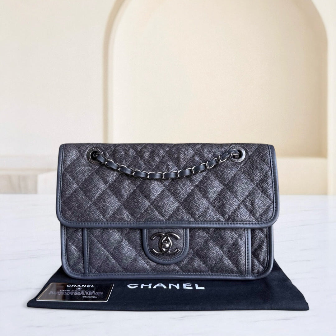 Chanel French Riviera - Caviar Quilted Grained Calfskin Grey Gray Silver Hardware Series 20