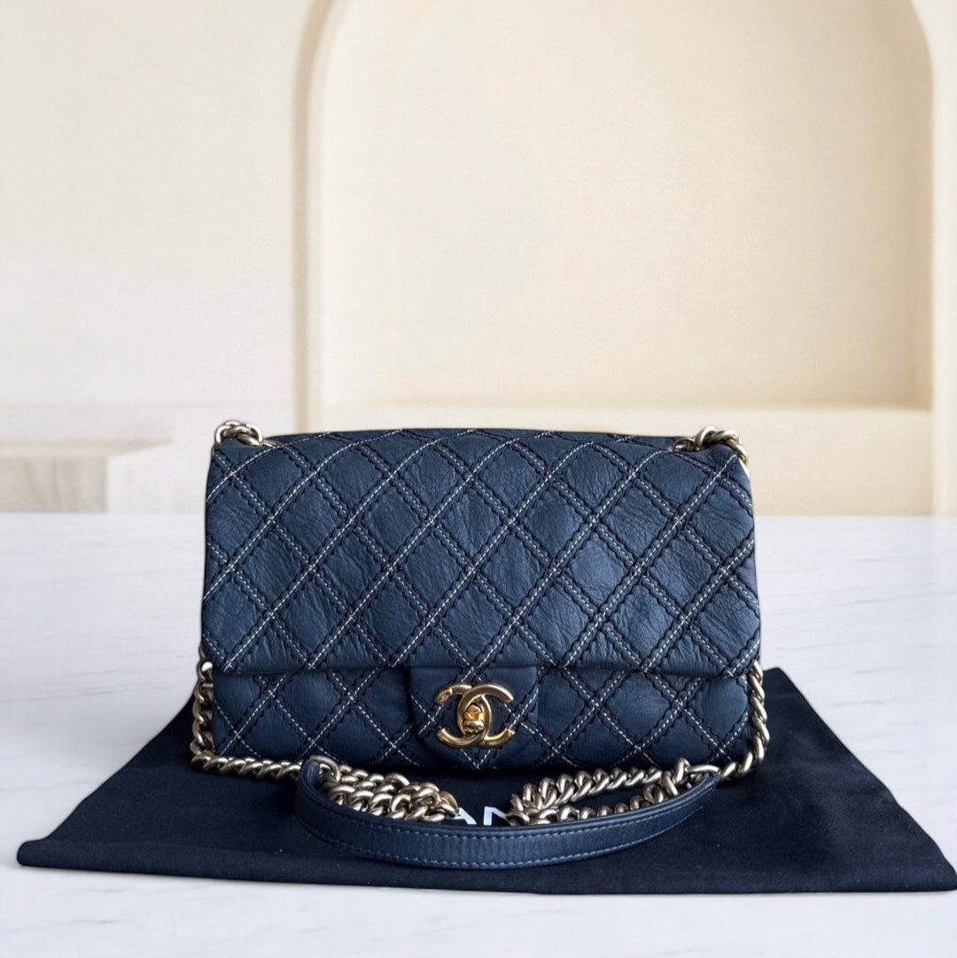 Chanel Seasonal Flap - Quilted Wild Stitch Calfskin Dark Navy Blue Gold Hardware Series 19