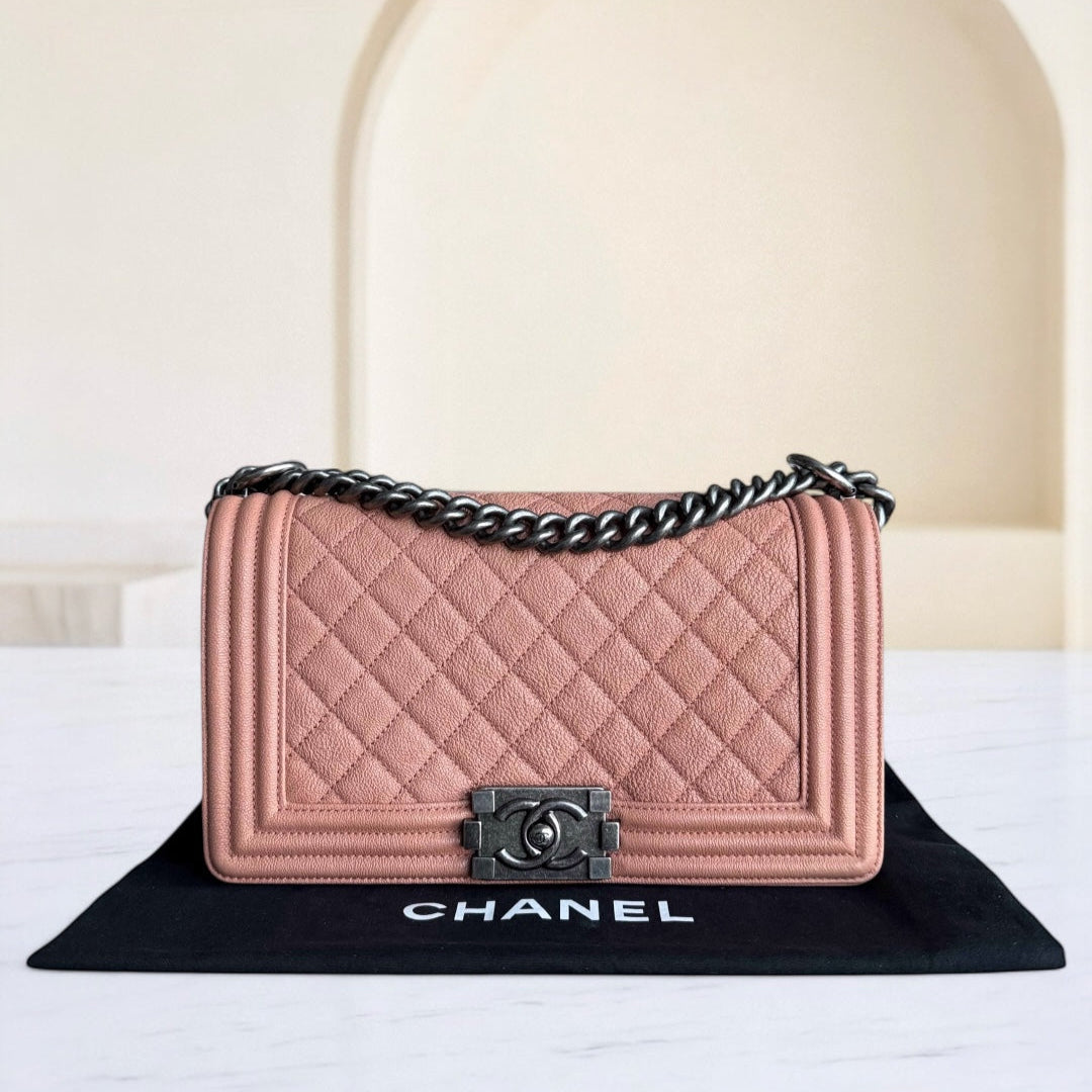 Chanel Boy Medium - Caviar 25CM Quilted Nude Blush Caramel Ruthenium Silver Hardware Series 26