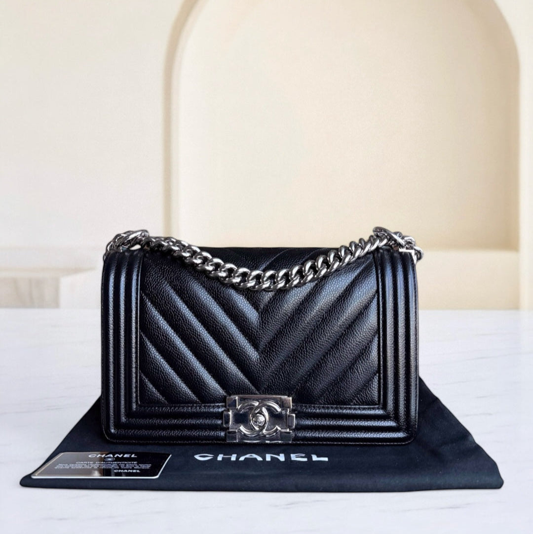 Chanel Boy Medium - Caviar Chevron Grained Calfskin Black Silver Hardware Series 29